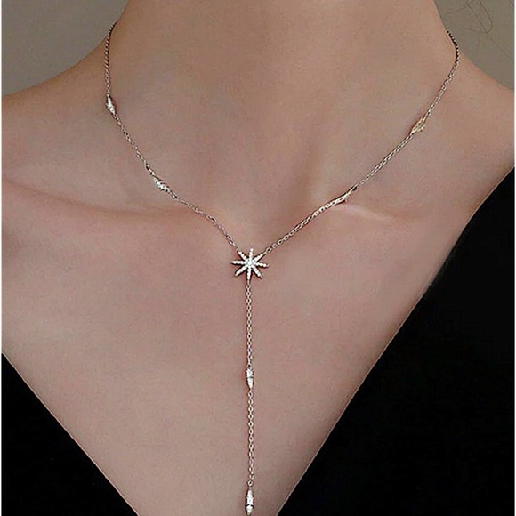 Sterling Silver Dainty Star Necklace, CZ Necklace, North Star Crystal - Picture 1 of 11